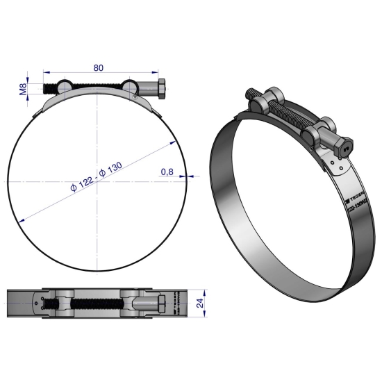 Opaska zaciskowa GBS 122-130 (obejma W2 - stal nierdzewna) szerkość 24mm TEGER ( sprzedawane po 5 )