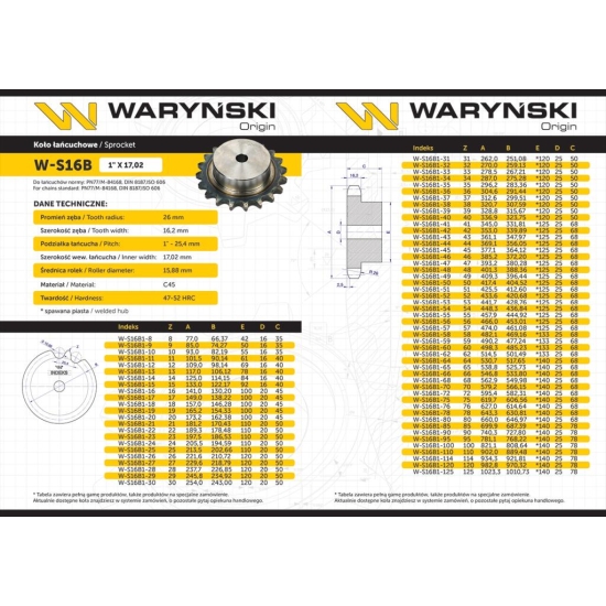 Koło zębate hartowane z kołnierzem 16B-1 (R1 1) Z-50 Waryński