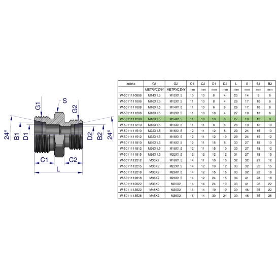 Złączka hydrauliczna redukcyjna metryczna BB M18x1.5 12L / M14x1.5 08L (XG) Waryński ( sprzedawane po 5 )