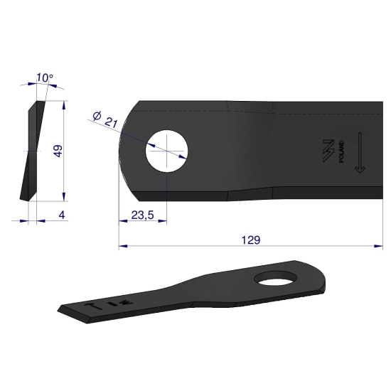 Nóż. nożyk kosiarka prawy 129.5x48x4mm otwór 21.2 zastosowanie 129MER Marangon WARYŃSKI ( sprzedawane po 25 )