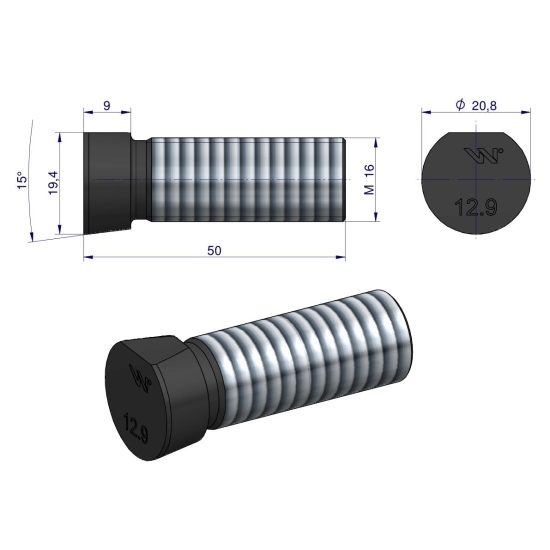 Śruba kpl. płużna oval z jednej strony ścięta M16x50 mm kl.12.9 zastosowanie Kverneland Waryński M16X50OV1 ( sprzedawane po 10 )