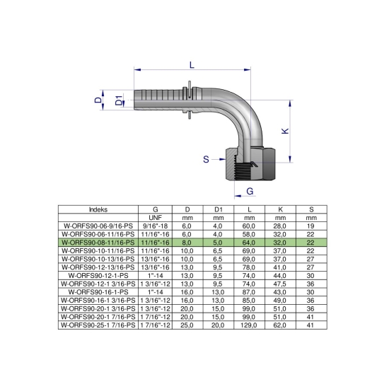 Zakucie hydrauliczne ORFS90 DN08 11/16