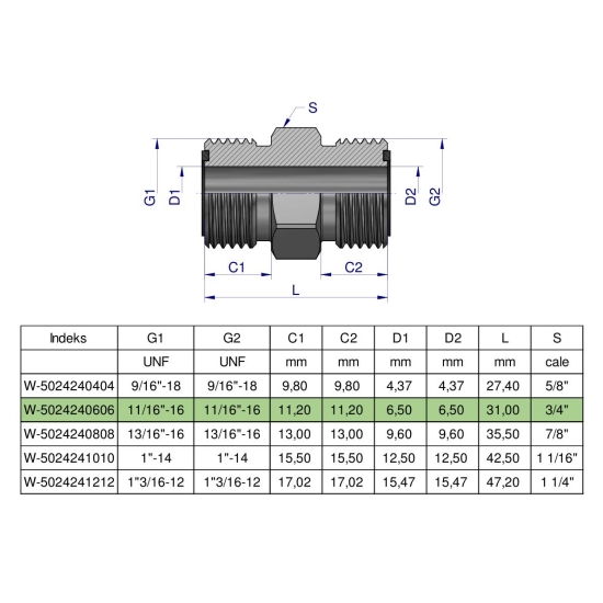 Złączka hydrauliczna calowa BB 11/16" ORFS (UNF) Waryński ( sprzedawane po 2 )