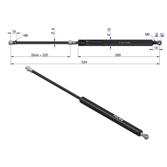 Siłownik szyby przedniej tylnej L max. 534mm 4415238P DEUTZ HÜRLIMANN POLMO