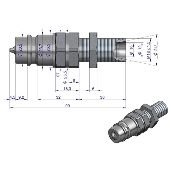 Szybkozłącze hydrauliczne wtyczka long z eliminatorem ciśnienia M18x1.5 gwint zew. EURO (9100818W) (ISO 7241-A) Waryński