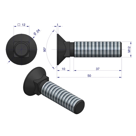 Śruba kpl. płużna podsadzana D 608 M12x50 mm kl.10.9 zastosowanie ząb SX Waryński ( sprzedawane po 25 )