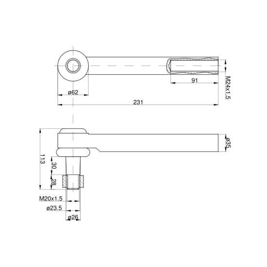 Przegub kierowniczy 207mm - M24x1,5 126145A1 Case TAQ