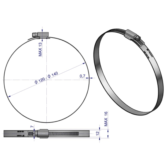 Opaska zaciskowa wzmocniona 120-140 ślimakowa (obejma W2 - stal nierdzewna) szerkość 12mm TEGER ( sprzedawane po 10 )