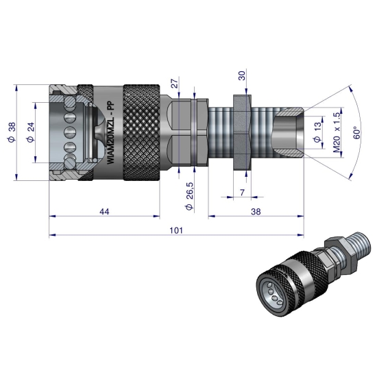 Szybkozłącze hydrauliczne gniazdo long M20x1.5 gwint zewnętrzny EURO PUSH-PULL (ISO 7241-A) Waryński