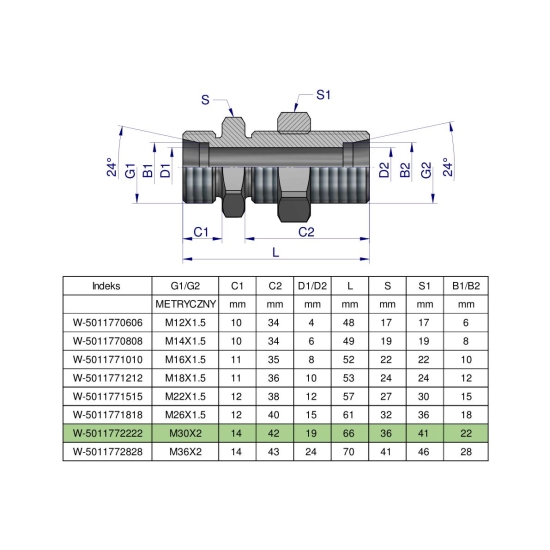 Złączka hydrauliczna metryczna grodziowa BB M30x2 22L z przeciwnakrętką (XSV) Waryński