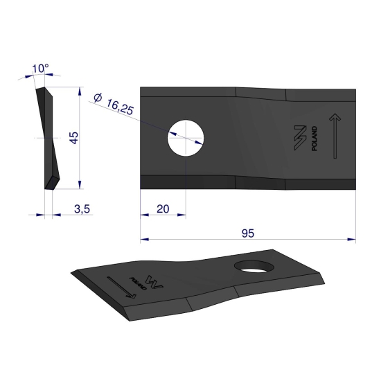 Nóż. nożyk kosiarka lewy 95x45x3.5mm otwór 16.25 zastosowanie CC20500 New Holland WARYŃSKI ( sprzedawane po 25 )