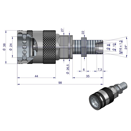 Szybkozłącze hydrauliczne gniazdo long M16x1.5 gwint zewnętrzny EURO PUSH-PULL (9100816GL) (ISO 7241-A) Waryński