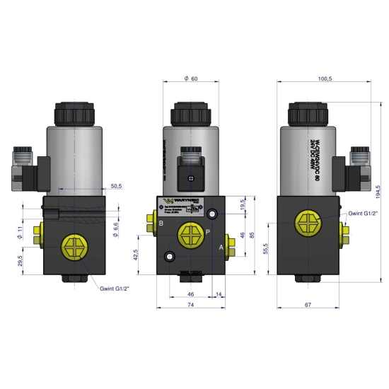 Elektrozawór 3-drogowy elektromagnetyczny kontroli 3/2 W-E12DVS3/2-80L G1/2