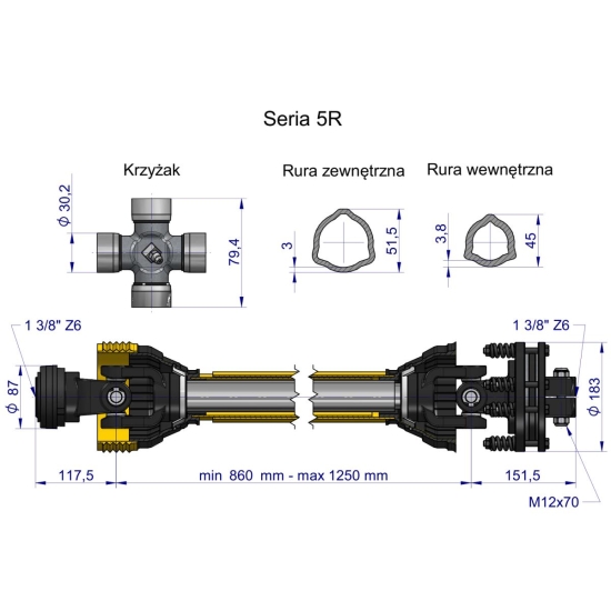 Wał przegubowo-teleskopowy 860-1250mm 620Nm sprzęgło cierne 1200Nm 60960 CE 2020 seria 5R Waryński