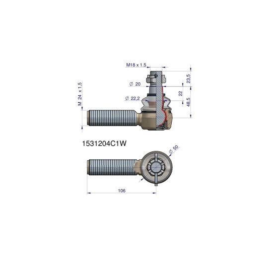 Przegub kierowniczy 106mm- M24x1,5 1531204C1 WARYŃSKI