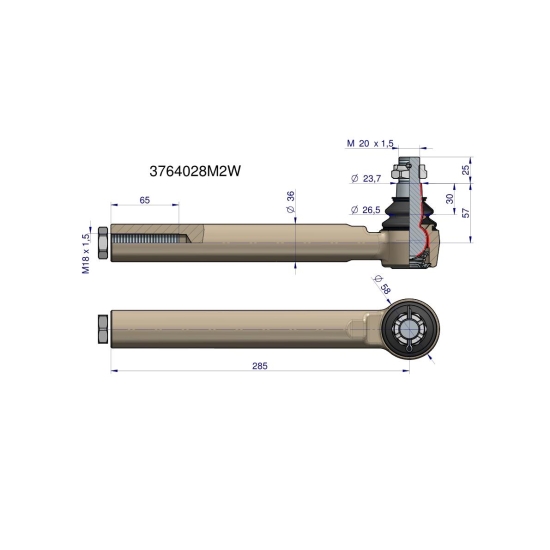 Przegub kierowniczy 285mm- M18x1,5 3764028M2 WARYŃSKI