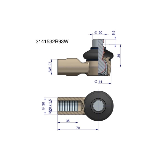 Przegub kierowniczy 70mm- M20x1,5 3141532R93 WARYŃSKI