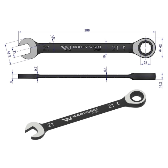 Klucz płasko-oczkowy 21 mm z grzechotką 72 zęby standard ASME B107-2010 Waryński