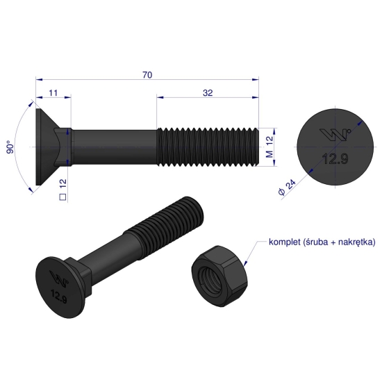 Śruba kpl. płużna podsadzana D 608 M12x70 mm kl.12.9 zastosowanie Gruber Waryński ( sprzedawane po 25 )