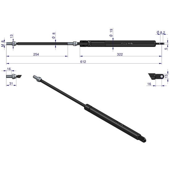 Siłownik szyby tylnej L max. 615mm 65421001 1-99-976-005 STEYR POLMO