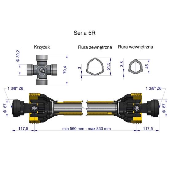 Wał przegubowo-teleskopowy 560-830mm 620Nm 60220 CE 2020 seria 5R WARYŃSKI