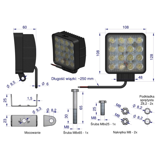 Lampa robocza kwadratowa 48W 16 LED GLANZ