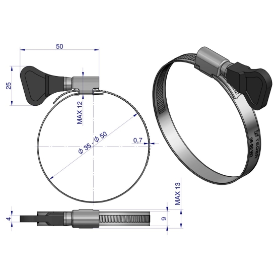 Opaska zaciskowa z pokrętłem 35-50 (32-50) ślimakowa (obejma W2 - stal nierdzewna) szerkość 9mm TEGER ( sprzedawane po 50 )
