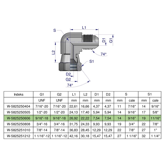 Kolanko hydrauliczne calowe AB 9/16" UNF (JIC) Waryński