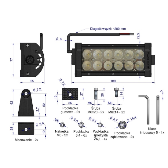 Lampa robocza prostokątna 36W 12 LED GLANZ