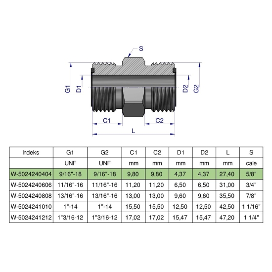 Złączka hydrauliczna calowa BB 9/16" ORFS (UNF) ORFS (UNF) Waryński ( sprzedawane po 2 )