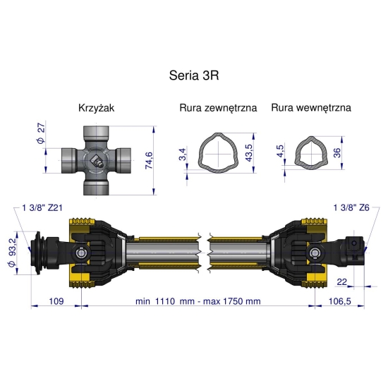 Wał przegubowo-teleskopowy 1110-1750mm 460Nm widłak Z21 od st.ciągnika CE seria 3R WARYŃSKI