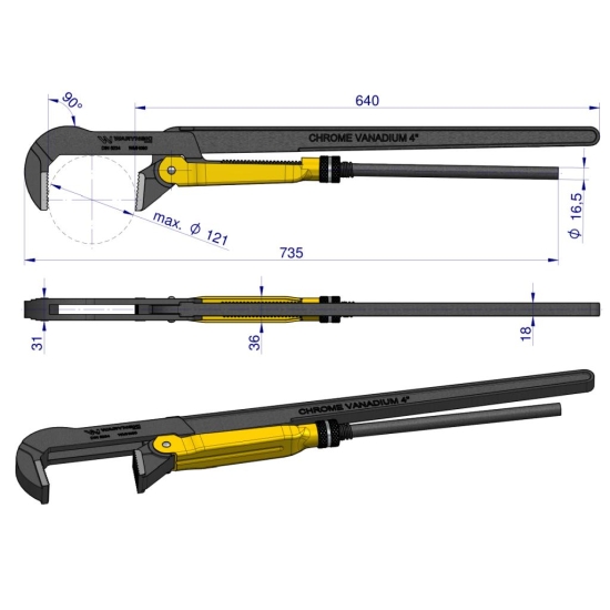 Szczypce nastawne szwedzkie do rur szczęki typ 90° o rozstawie max 121mm długość 735mm Waryński