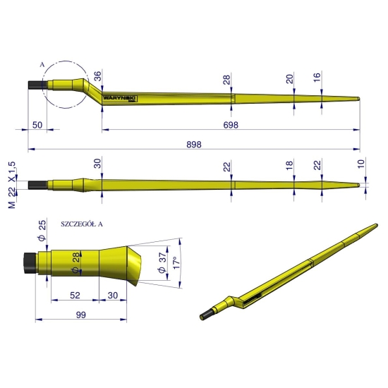 Ząb ładowacza uniwersalny Z L- 880 mm zastosowanie 5193-FT88N Tur WARYŃSKI