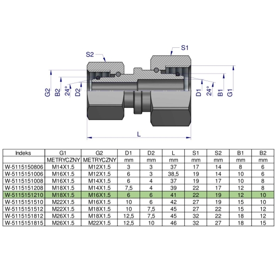 Złączka hydrauliczna metryczna AA M18x1.5 12L x M16x1.5 10L Waryński ( sprzedawane po 5 )