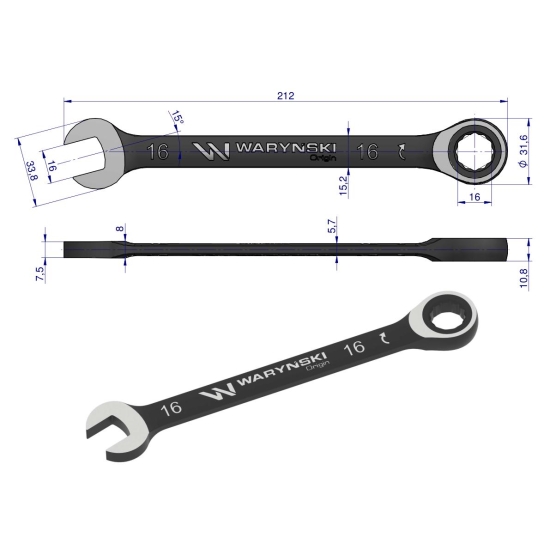 Klucz płasko-oczkowy 16 mm z grzechotką 72 zęby standard ASME B107-2010 Waryński