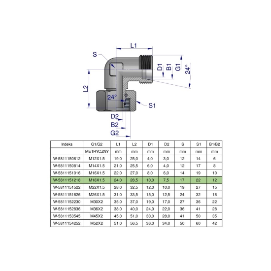 Kolanko hydrauliczne metryczne AB M18x1.5 12L (XEVW) Waryński ( sprzedawane po 50 )