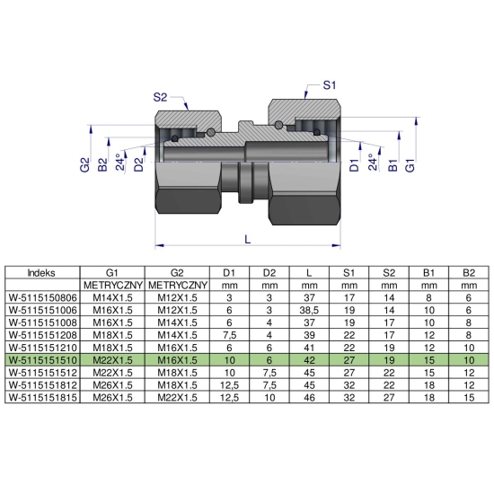 Złączka hydrauliczna metryczna AA M22x1.5 15L x M16x1.5 10L Waryński ( sprzedawane po 5 )