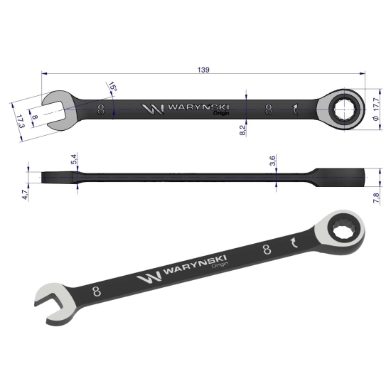 Klucz płasko-oczkowy 8 mm z grzechotką 72 zęby standard ASME B107-2010 Waryński