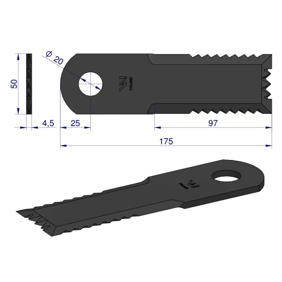 Nóż obrotowy rozdrabniacz słomy sieczkarnia 175x50x4.5mm otwór 20 zastosowanie HF44443 52900027 New Holland WARYŃSKI ( sprzedawane po 25 )