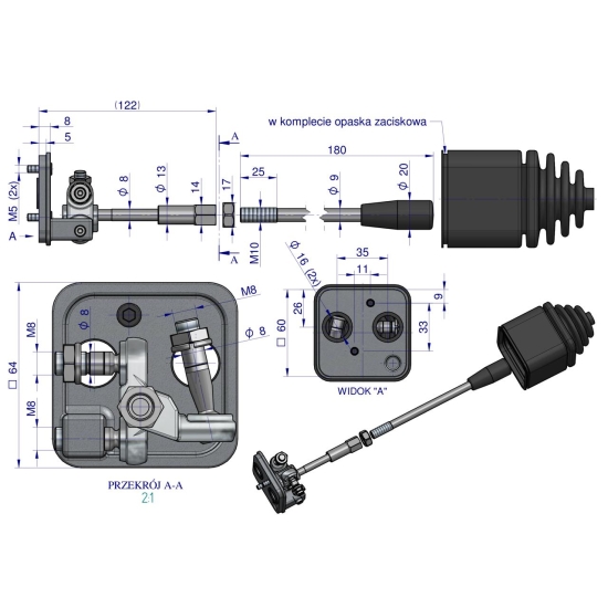 Joystick przyłączeniowy bez przycisku do rozdzielaczy hydraulicznych 40L Waryński