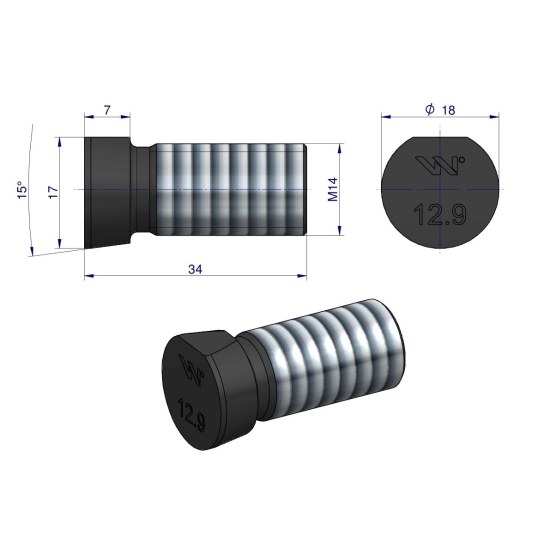 Śruba kpl. płużna oval z jednej strony ścięta M14x34 mm kl.12.9 zastosowanie Kverneland Waryński M14X34OV1 ( sprzedawane po 25 )