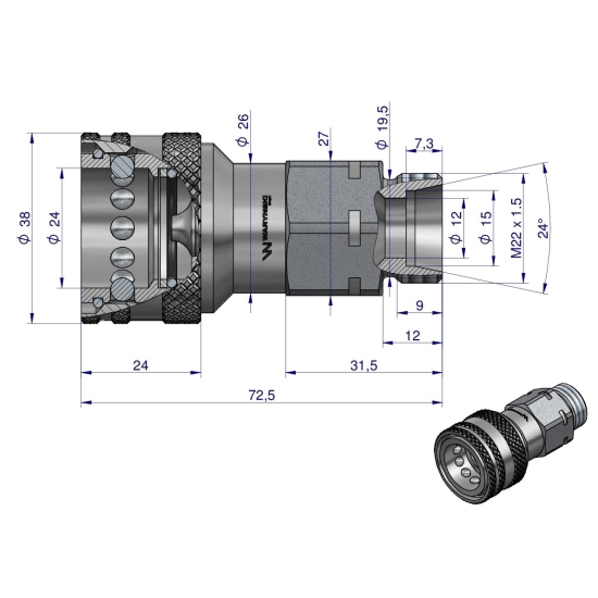 Szybkozłącze hydrauliczne gniazdo M22x1.5 gwint zewnętrzny EURO (9100822G) (ISO 7241-A) Waryński (opakowanie 50szt)