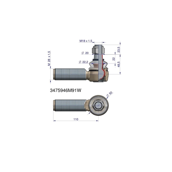 Przegub kierowniczy 110mm- M28x1,5 3475946M91 WARYŃSKI