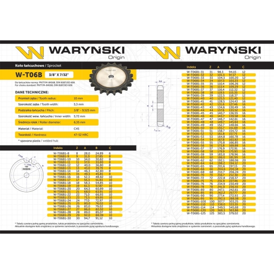 Koło zębate hartowane tarcza 06B-1 (R1 3/8) Z-20 Waryński