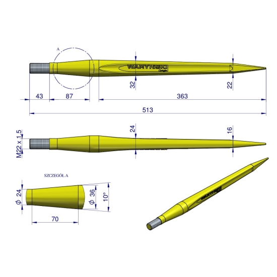 Ząb ładowacza uniwersalny prosty L- 510 mm Tur WARYŃSKI