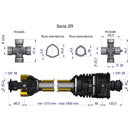 Wał przegubowo-teleskopowy 1210-1900mm 270Nm szerokokątny CE seria 2R WARYŃSKI