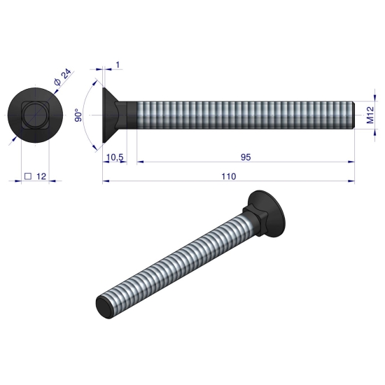 Śruba kpl. płużna podsadzana D 608 M12x110 mm kl.10.9 Waryński ( sprzedawane po 10 )