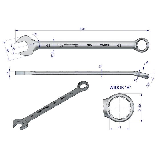 Klucz płaskooczkowy extra długi 41mm dł 550mm standard ASME B107.9M  Waryński