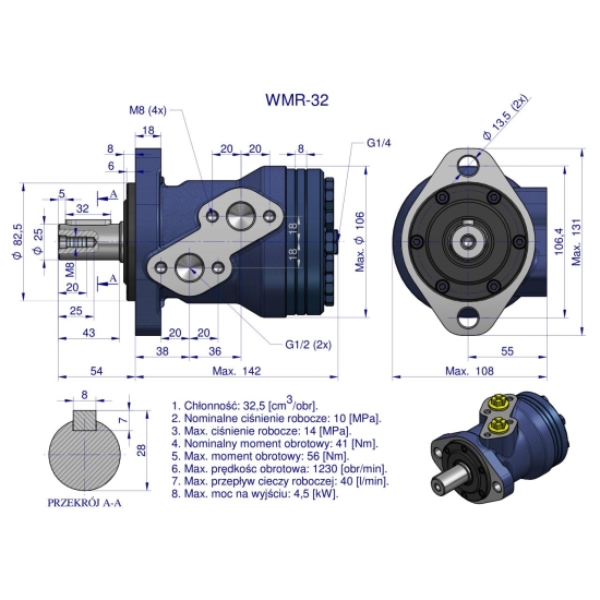 Silnik hydrauliczny orbitalny WMR 32 cm3/obr (100 bar / max.200 bar) Waryński