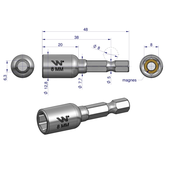 Nasadka 8mm z uchwytem narzędziowym do wkretarki długość 48 mm Waryński